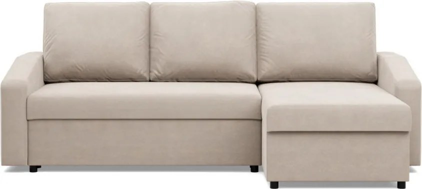 Zeus sarokkanapé, 2 ágyneműtartóval, döntött kartámasz, bársony, univerzális oldal, hab töltet, bézs