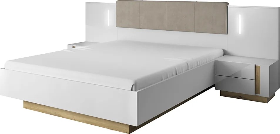 Ágy ágyneműtartóval, fehér/grandson tölgy/fehér magas fényű, CITY