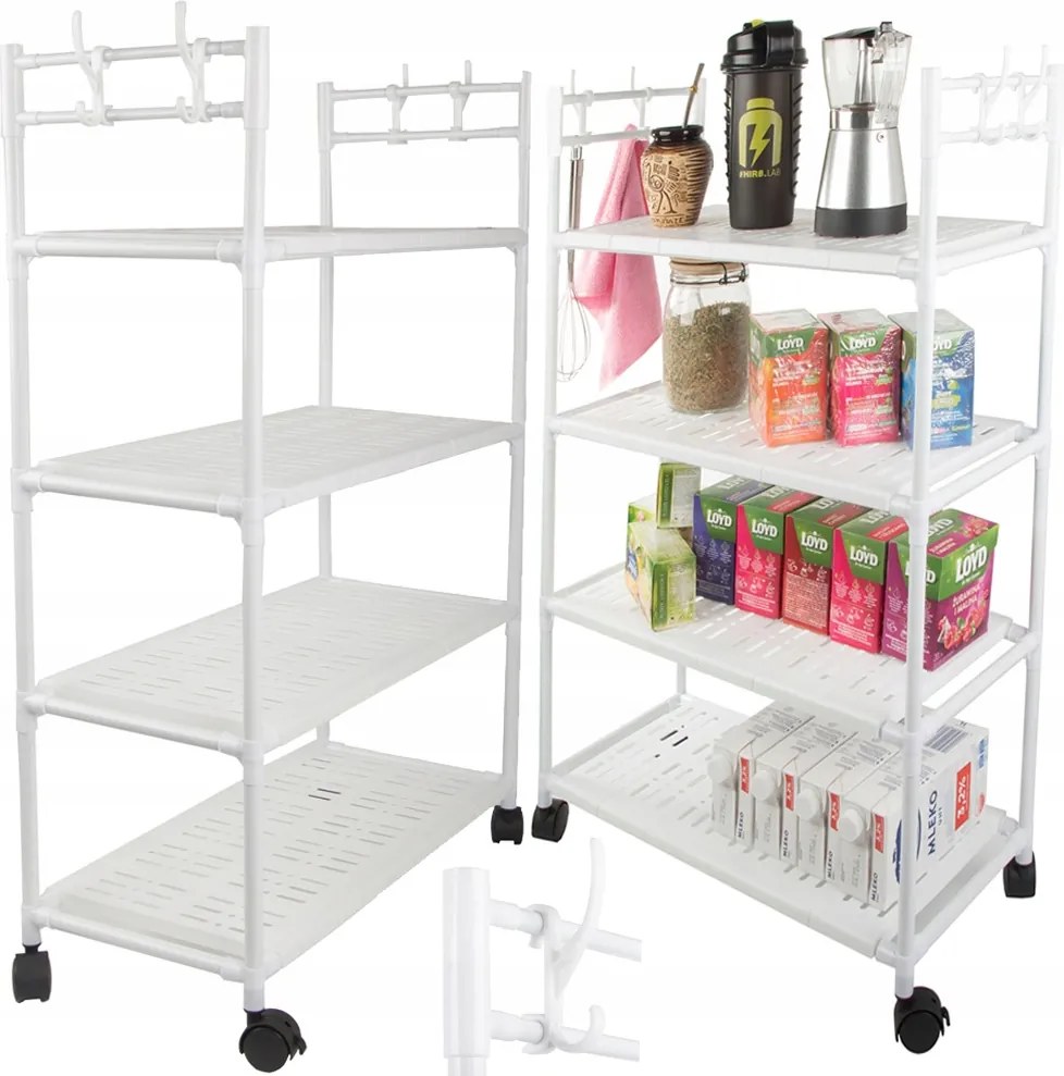 Fürdőszoba polc konyhaszekrény mobil könyvespolc gurulós 4 szintes akasztók