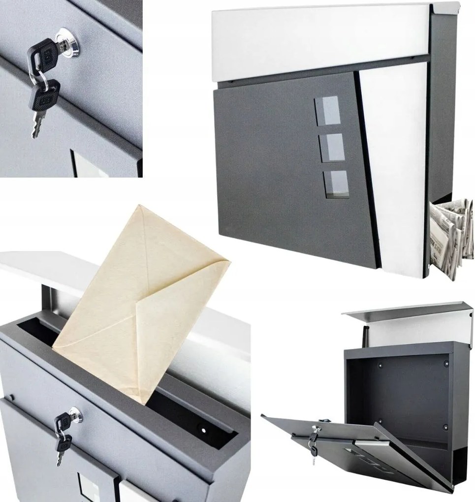 Modern postaláda postai levelekhez, falra szerelhető újságtartóval