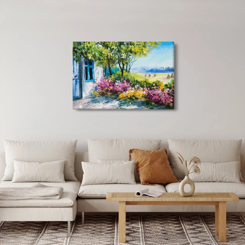 Kép a ház előtti kertről, olajfestmény (90x60 cm)