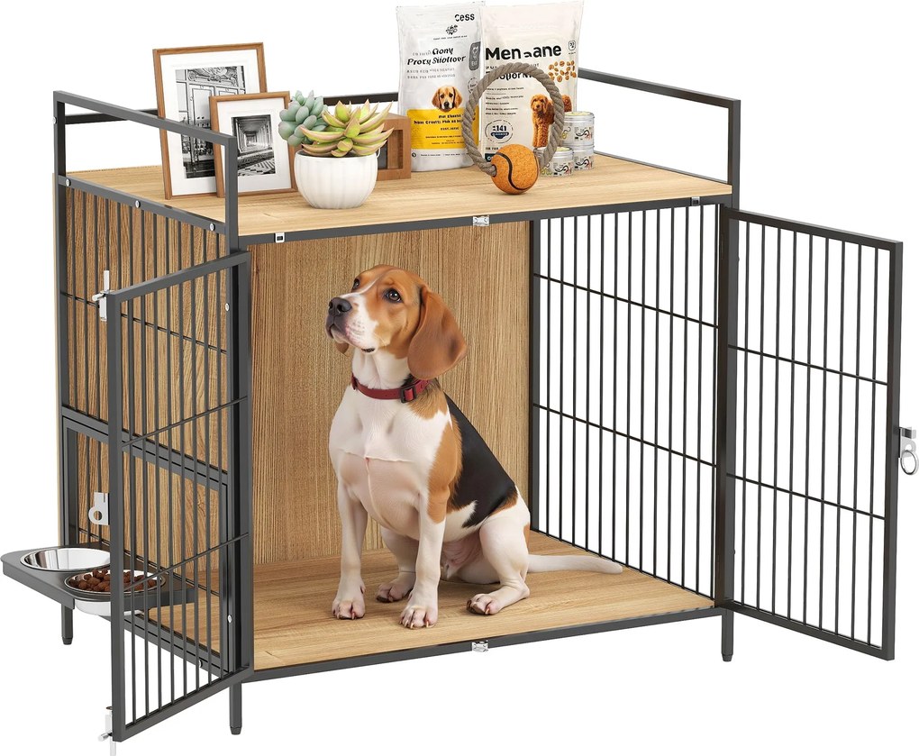 PawHut Modern Oldaltábla Kutya Ketrec Forgatható Etető Állomással 2 Tál 2 Ajtóval és Felső Tároló Polccal Közepes Kutyák Számára 80x56x76,5 cm Tölgy |