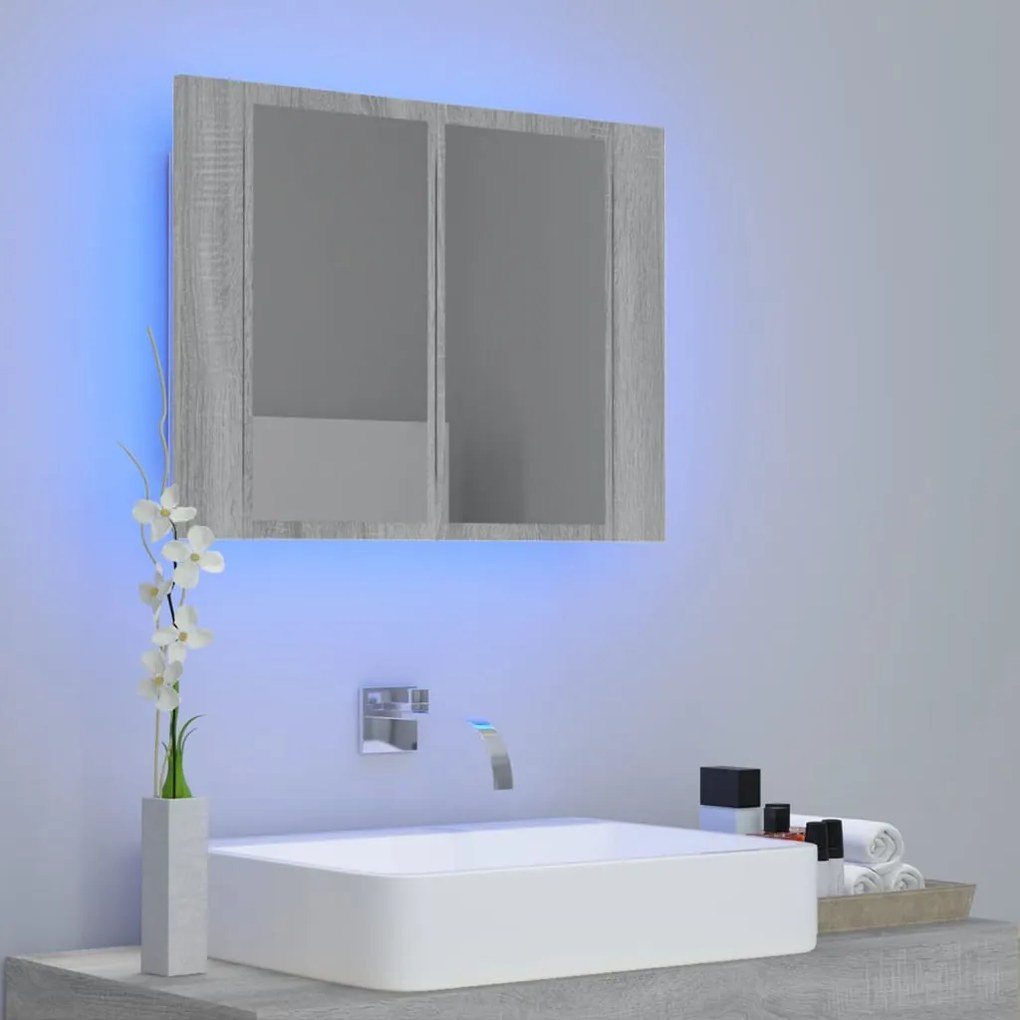 szürke sonoma színű szerelt fa tükörszekrény LED-del 60x12x45cm