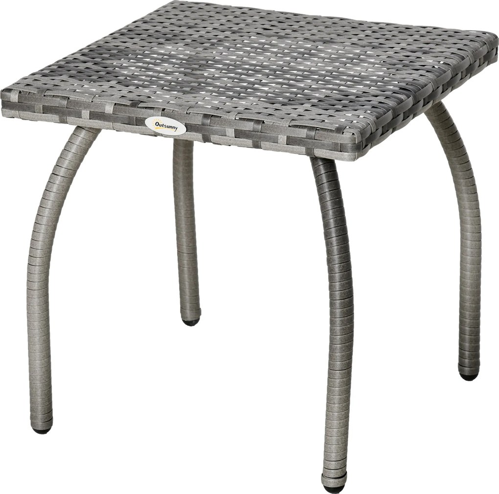 Outsunny Rattan Kerti Asztal Oldal Asztal Fém Lábakkal 30 kg Teherbírás Kültéri Asztal Teraszra Balkonra 45x45x44 cm Szürke | Aosom
