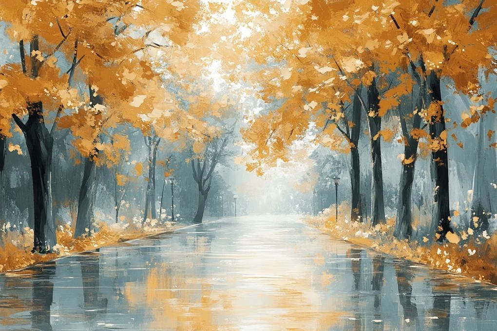 Vászonkép Canvas Út Utca Fák Ősz Eső 120x80