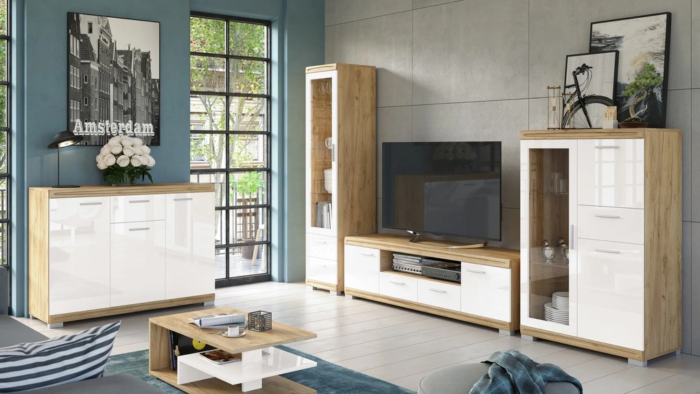 Mazzoni SIMPLE D2SZ2 TV-állvány Arany Tölgy/Fehér Fényes - TV-ÁLLVÁNY KOMÓD NAPPALIBA FÉNYES