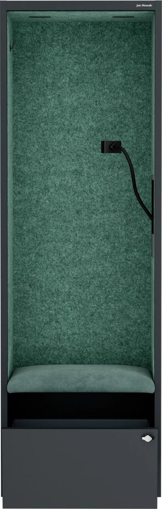 Irodai hangszigetelő fülke ülőkével és USB-C csatlakozóval, antracit színű váz / zöld ülőke, 600 mm: SALLY MentalBox