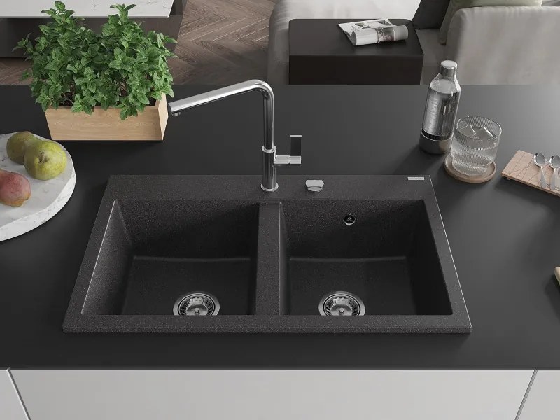Mexen Hektor 2 rekeszes gránit mosogató 800 x 480 mm, fekete pöttyös, króm szifon - 6521802000-76