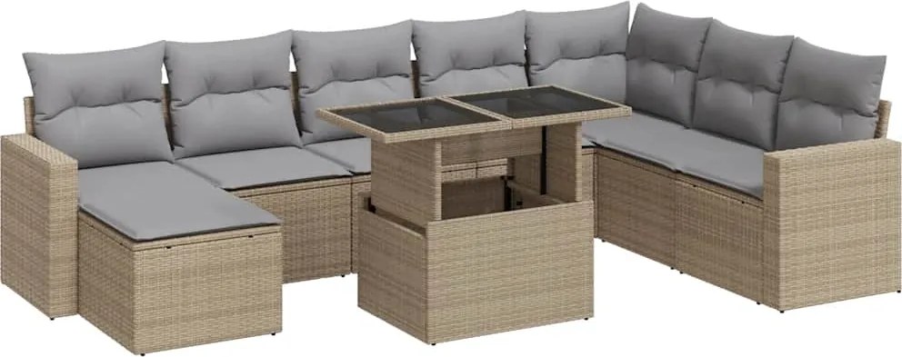 vidaXL 9 részes bézs polyrattan kerti ülőgarnitúra párnákkal