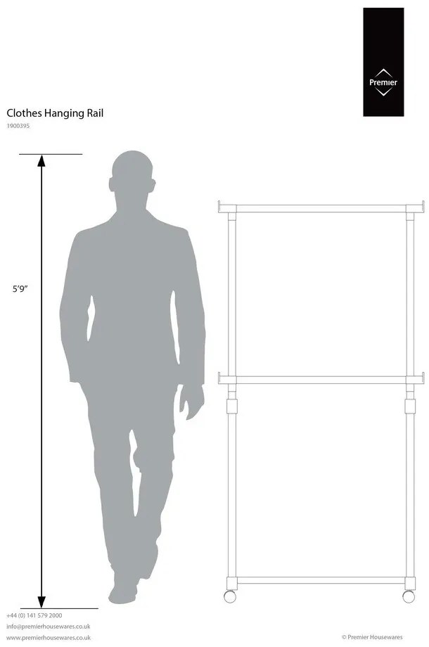 Ezüstszínű fém teleszkópos-gurulós ruhatartó állvány – Premier Housewares