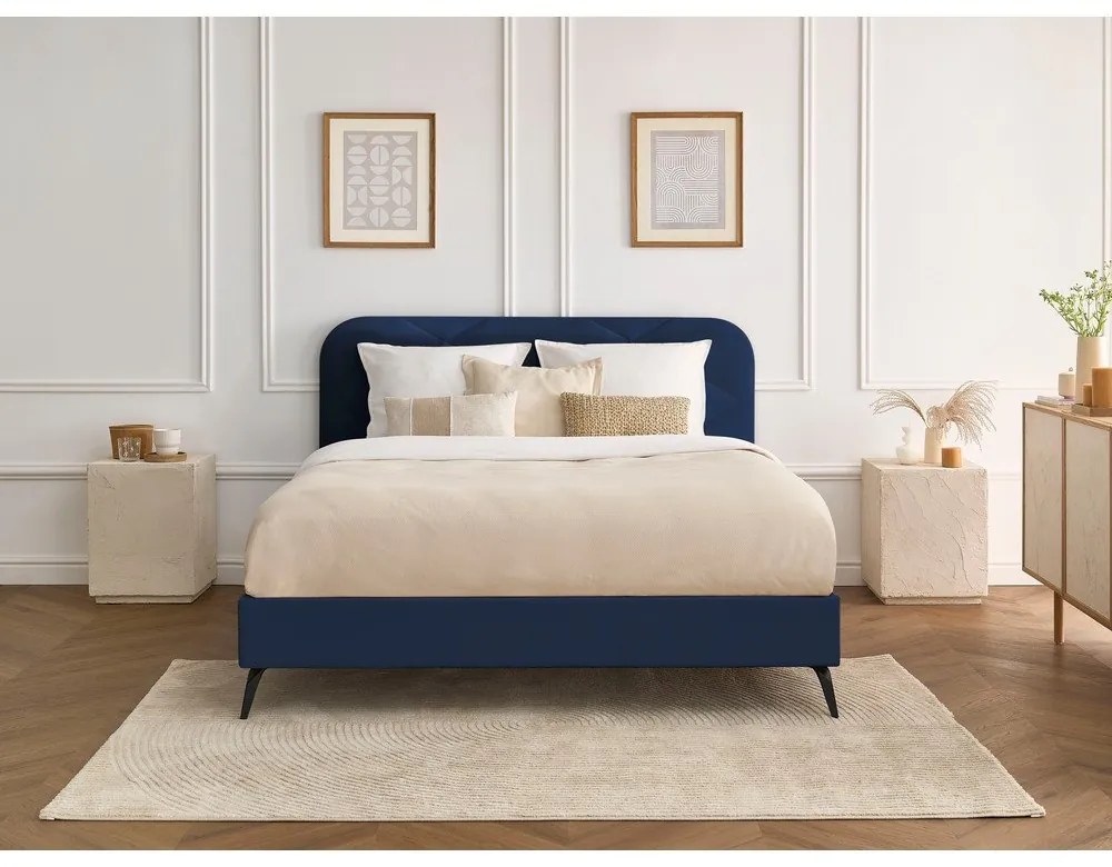 Sötétkék kárpitozott franciaágy ágyráccsal 180x200 cm Prune – Bobochic Paris