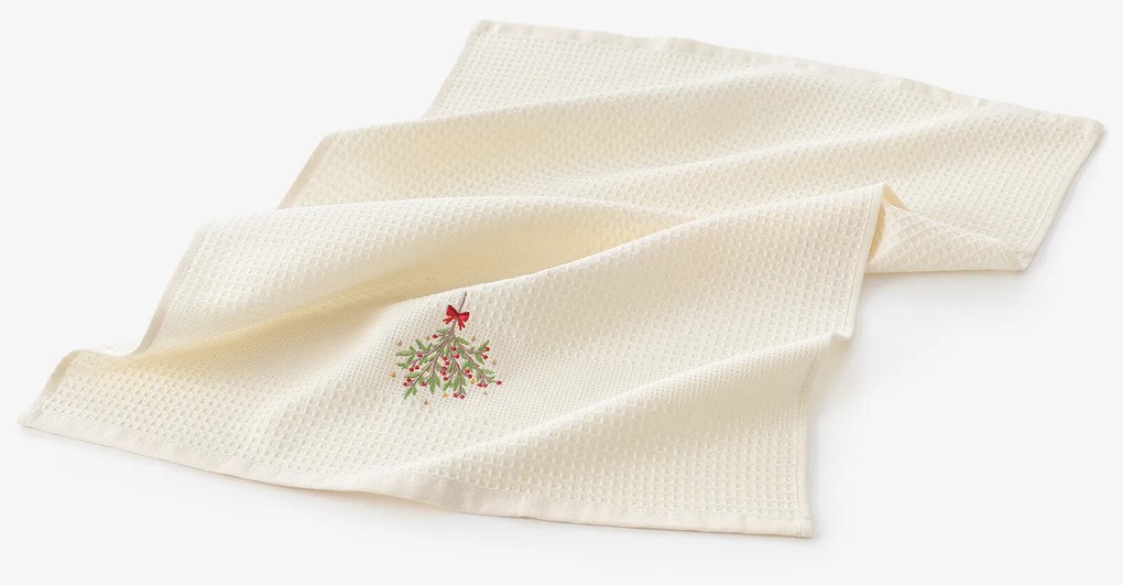 Goldea karácsonyi hímzett waffle konyharuha - fagyöngy krém alapon 50 x 70 cm
