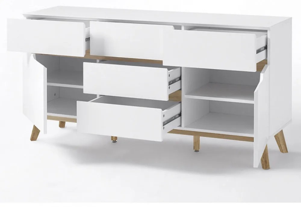 Cervo polcos-fiókos komód, matt fehér MDF, 145 cm