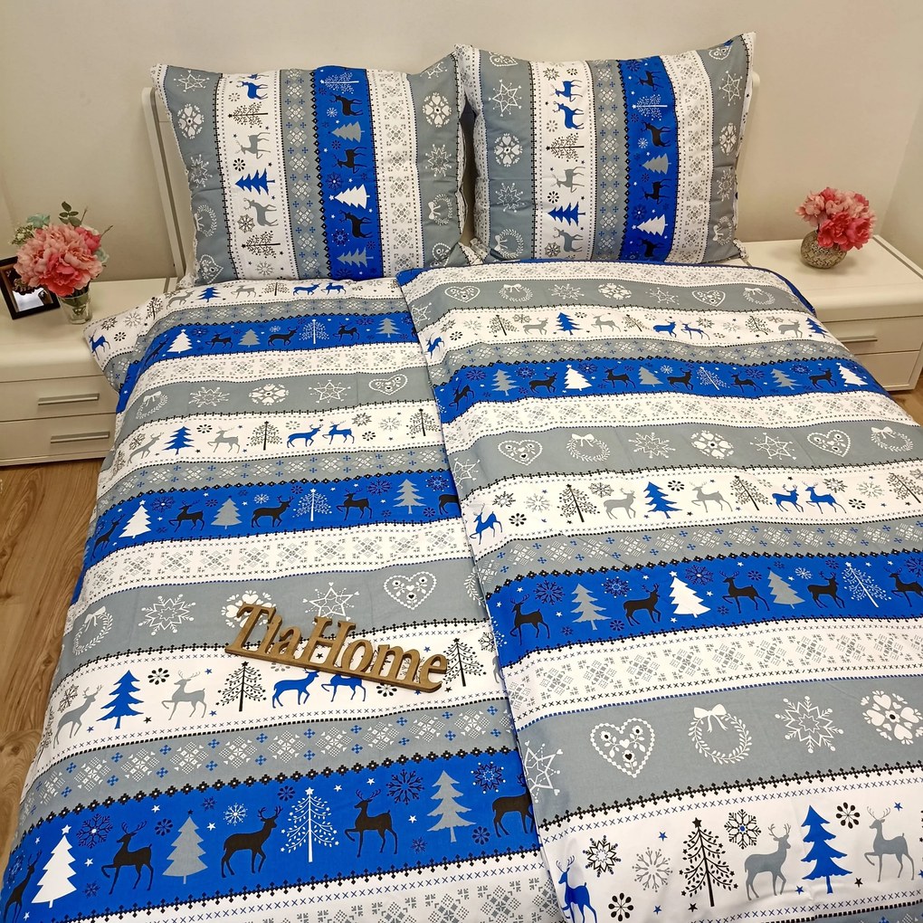 Pamut lepedők Karácsonyi kék Christmas lepedők TiaHome - 1x Párna 90x70cm, 1x Paplan 140x200cm