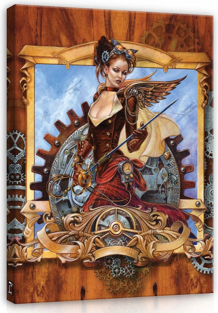 Vászonkép 40x60 Steampunk nő-pilóta mechanikus szárny fogaskerekek találmány