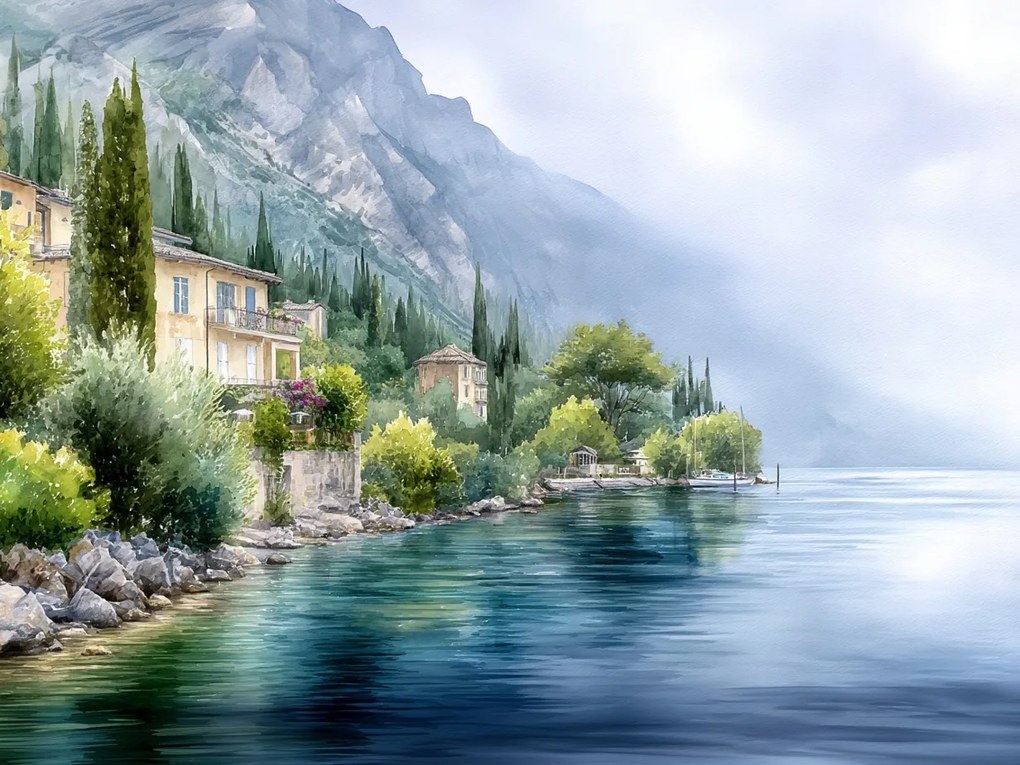 Canvas Vászonkép Olaszország Comói-tó Akvarell Hegyek Ciprus 80 x 60