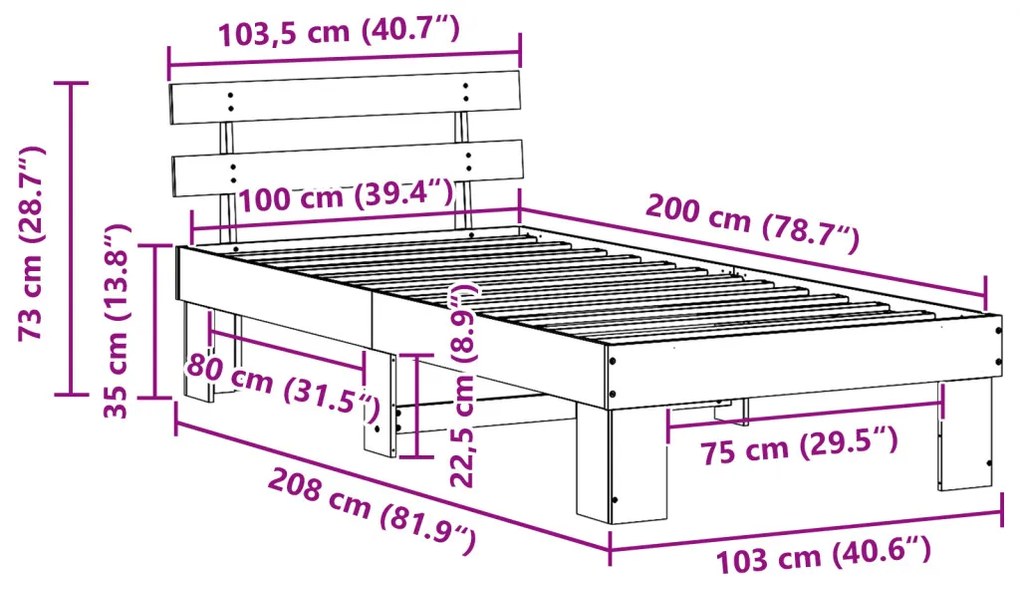 ágykeret fejtámlával Fehér 100x200 cm Tömör fa fenyő