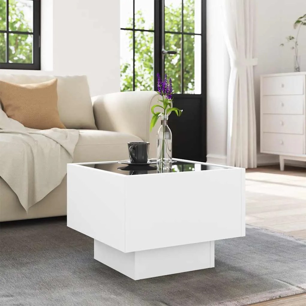Fehér szerelt fa kisasztal LED-del 40 x 40 x 30 cm