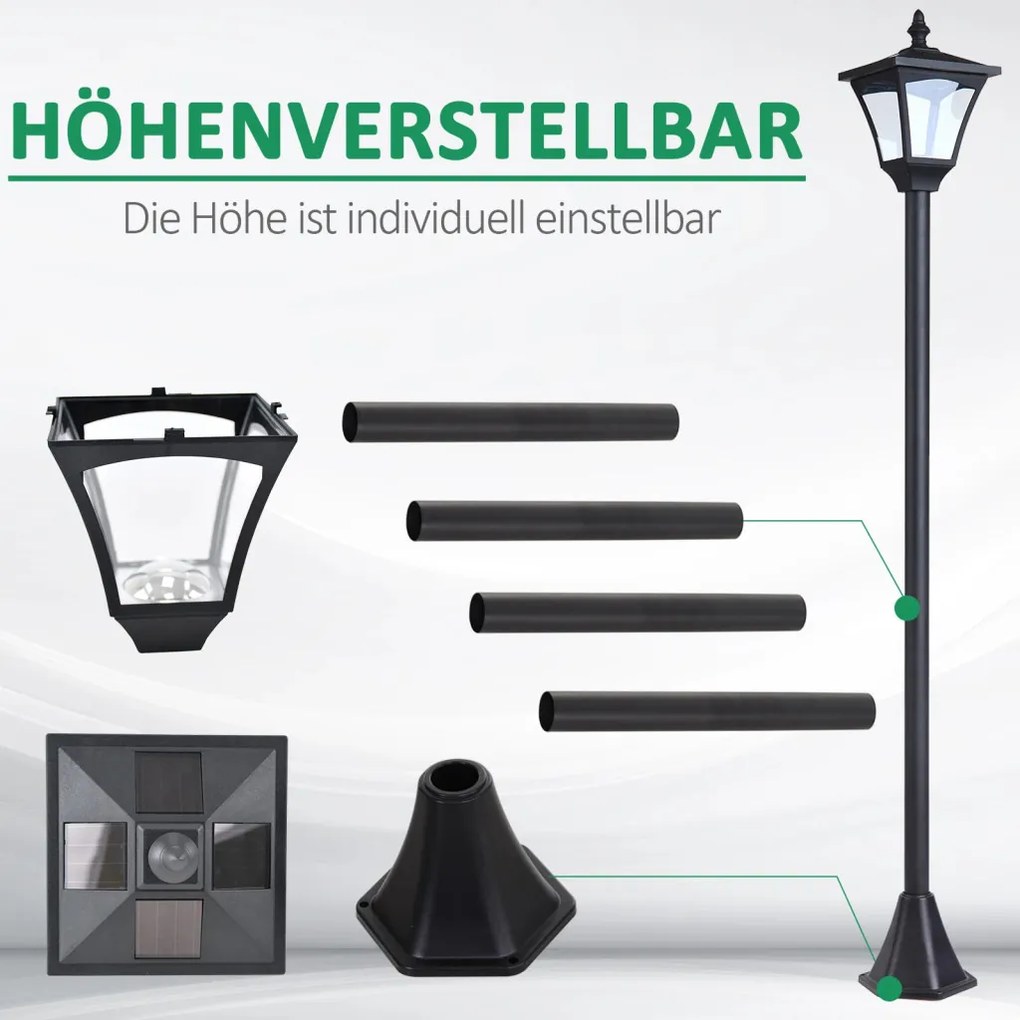 Outsunny Napelemes kerti lámpa, LED, 30 lumen, napelemes, talajra szerelhető tüske, 120 cm, fekete