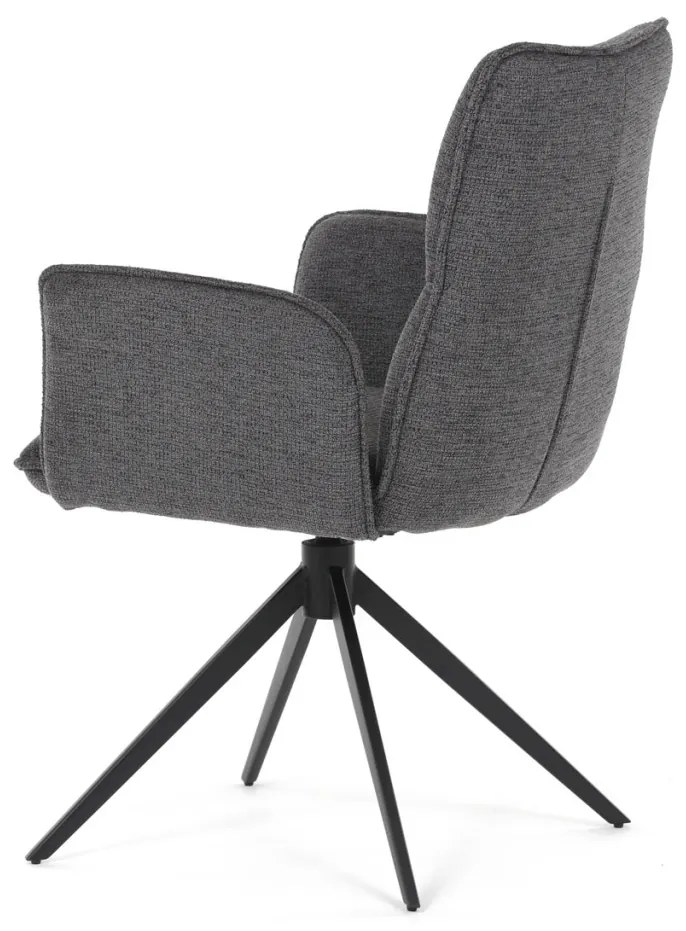Scaun de dining rotativ, tapițat cu material textil gri, mecanism rotativ 360°, picioare metalice negre