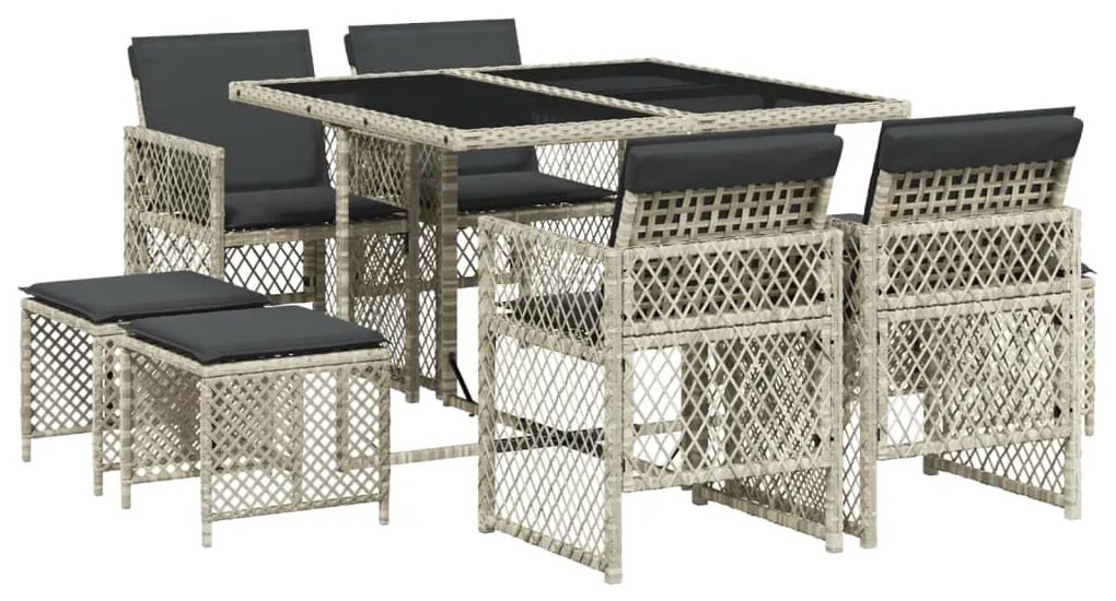 9részes világosszürke polyrattan kerti étkezőgarnitúra párnával
