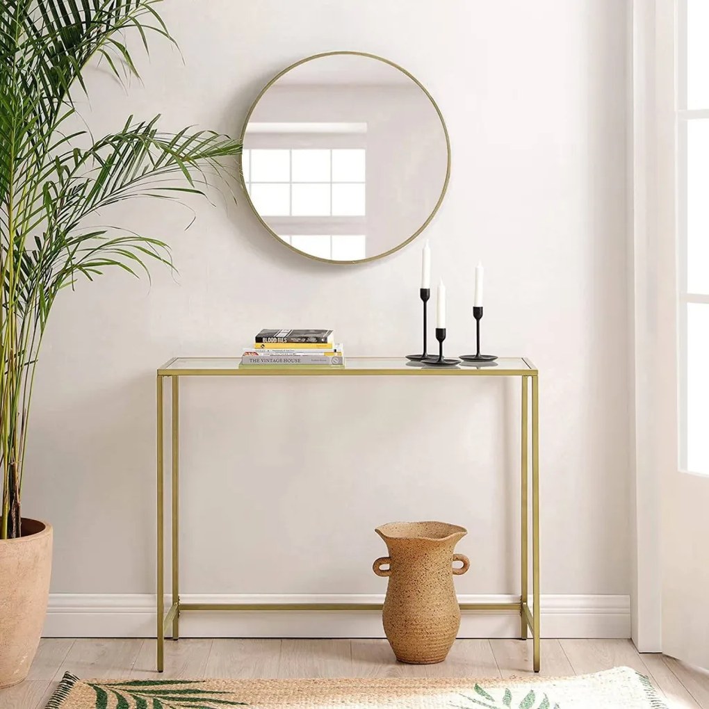 Konzolasztal fém vázzal edzett üveglappal, arany 100x35x80cm