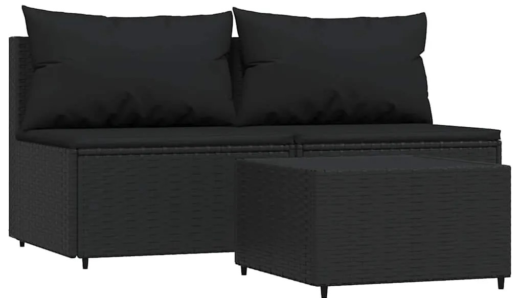 3 részes fekete polyrattan kerti ülőgarnitúra párnákkal