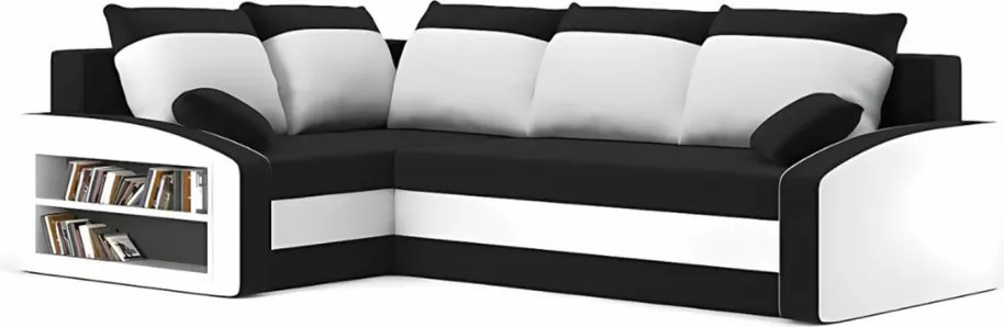 Grande sarokkanapé polcokkal , polc a bal karfaban, baloldali, szövet anyag, hab töltet, fekete - fehér