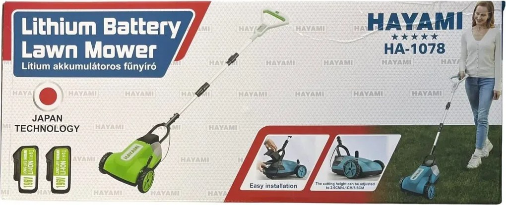 HAYAMI HA-1078 fűnyíró + 2x akkumulátor + tartozékok