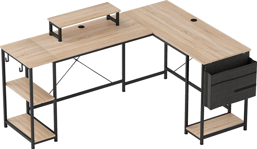 HOMCOM Fordítható Moduláris Sarokasztal, Ipari Stílus 168-240 cm - Állítható Polc, Tárolótáska, Képernyőállvány, Számítógép Íróasztal 2 Személy Részér