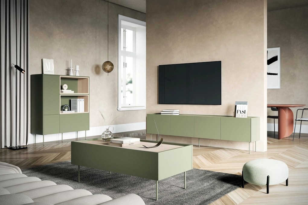 Desin magas komód 120 cm kétajtós fiókos nyitott polcos - olíva / nagano tölgy