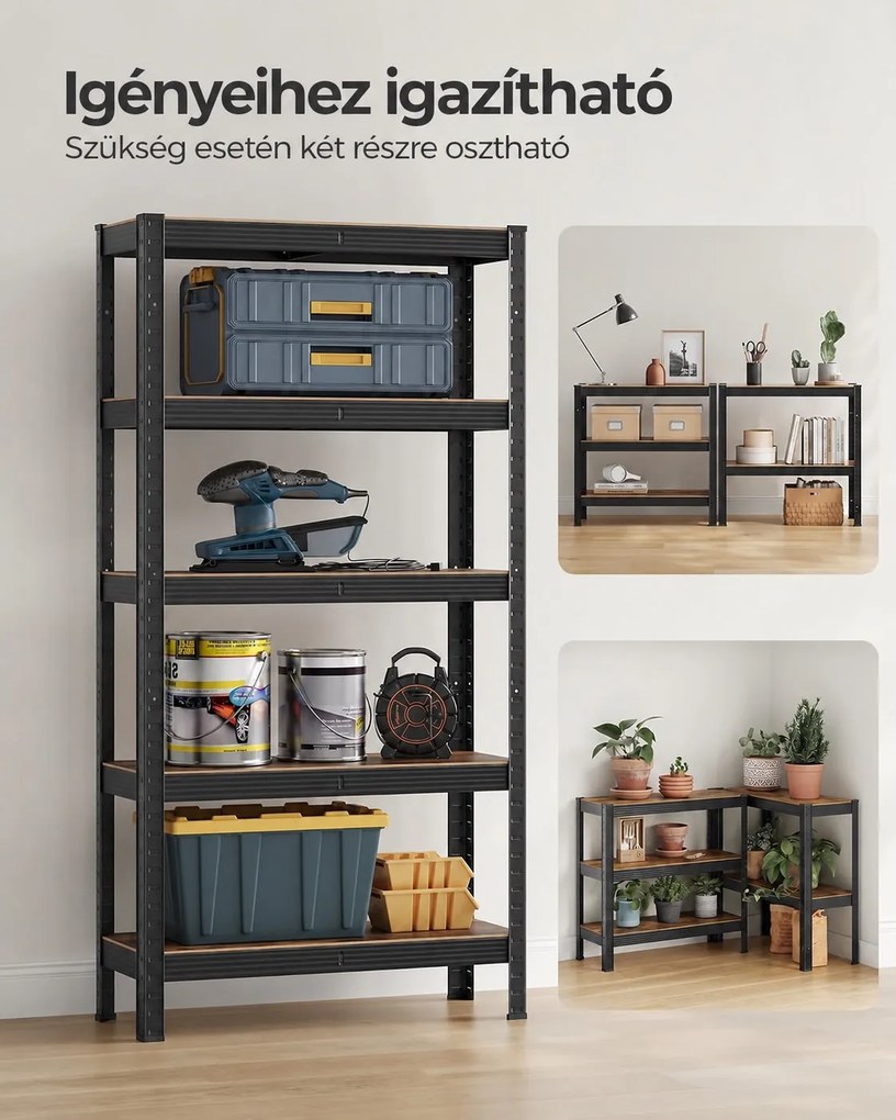 Nagy teherbírású tárolópolc, 5 állítható polccal, 650 kg teherbírás, 75 x 30 x 150 cm, rusztikus barna/fekete