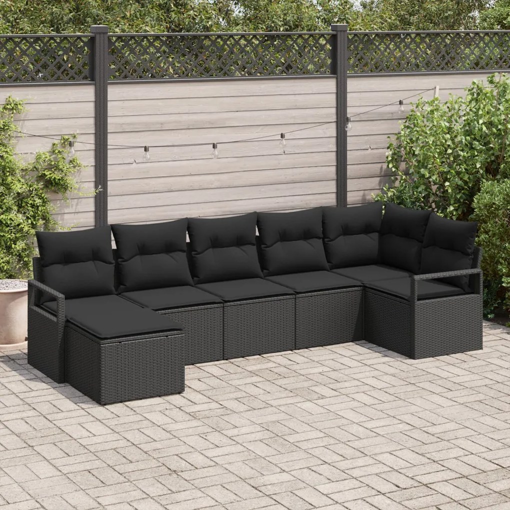 7 darabos kerti kanapé szett párnákkal fekete poly rattan, 2 személyes kerti kanapé párnákkal fekete poly rattan