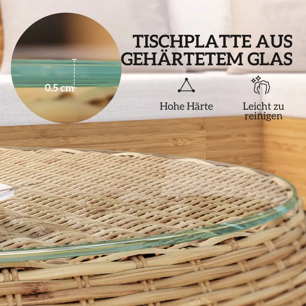 Rattan kerek kerti asztal, üveglappal, barna Ø75 x 42 cm