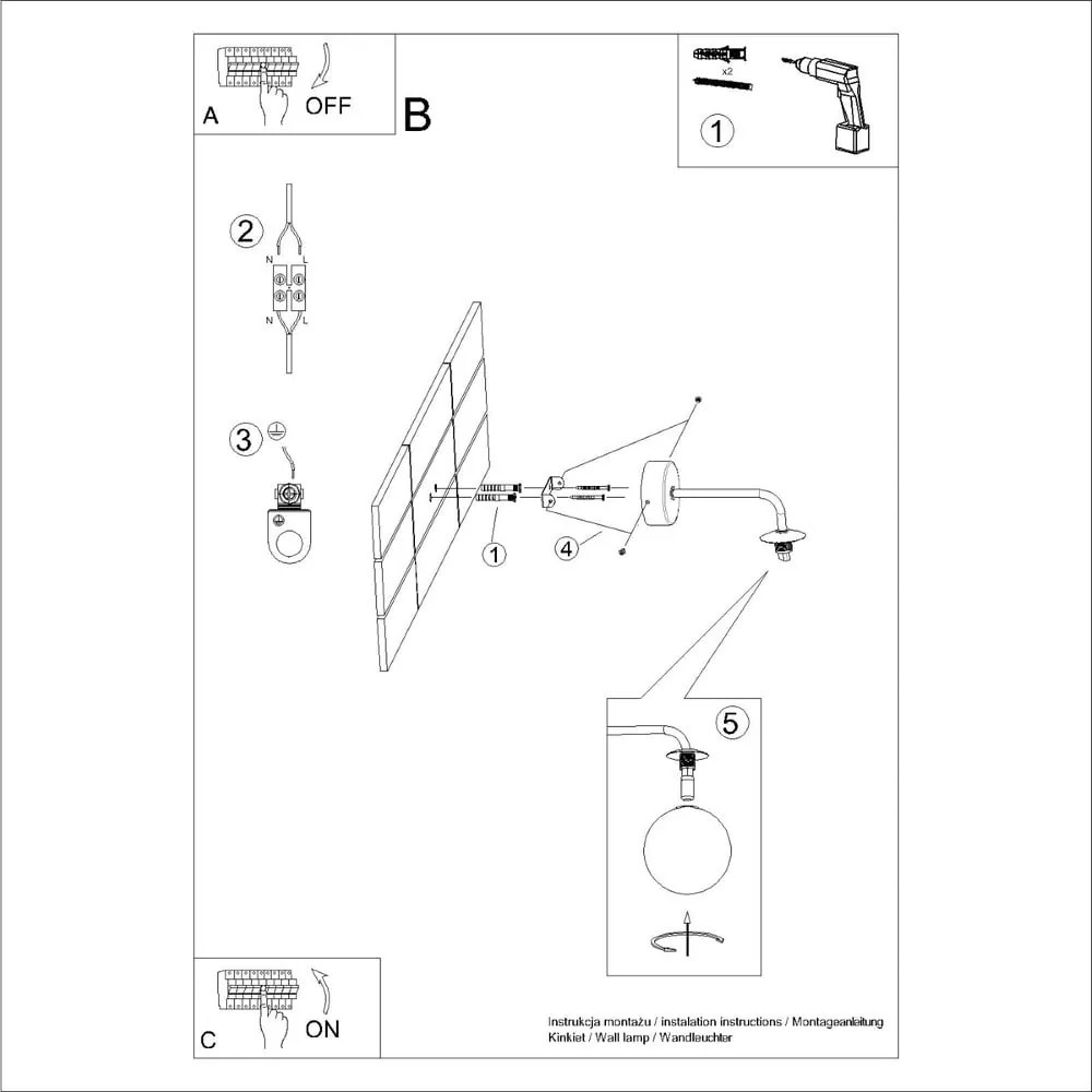 Fekete-fehér fali lámpa Beam – Sollux