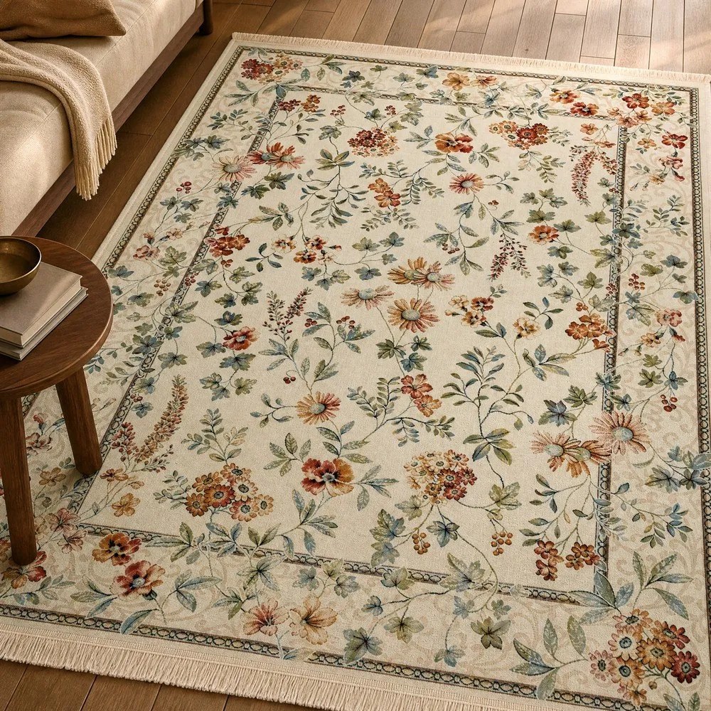 Krémszínű viszkóz szőnyeg 95x140 cm Oriental Flowers – Nouristan