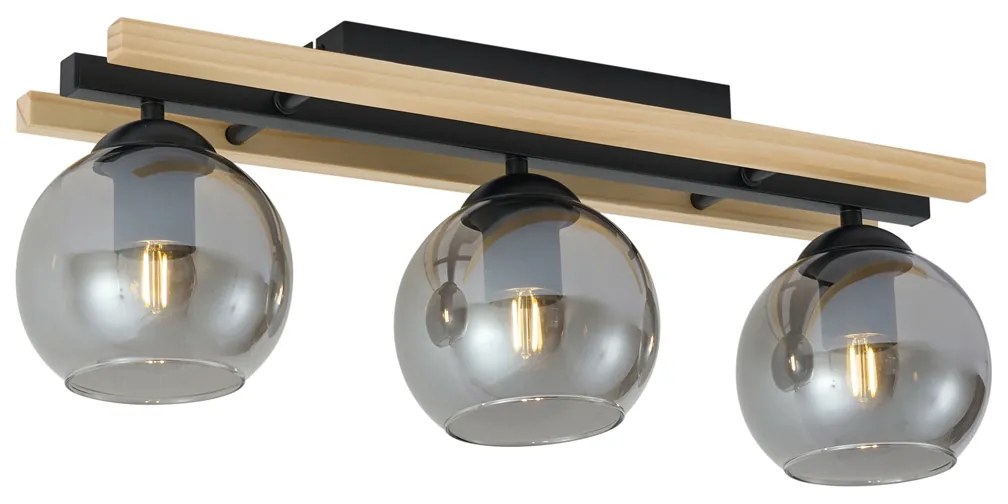 Smart Ceiling Lamp Black with Wood and Smoke Glass 3-Lights incl. WiFi A60 - Aleks