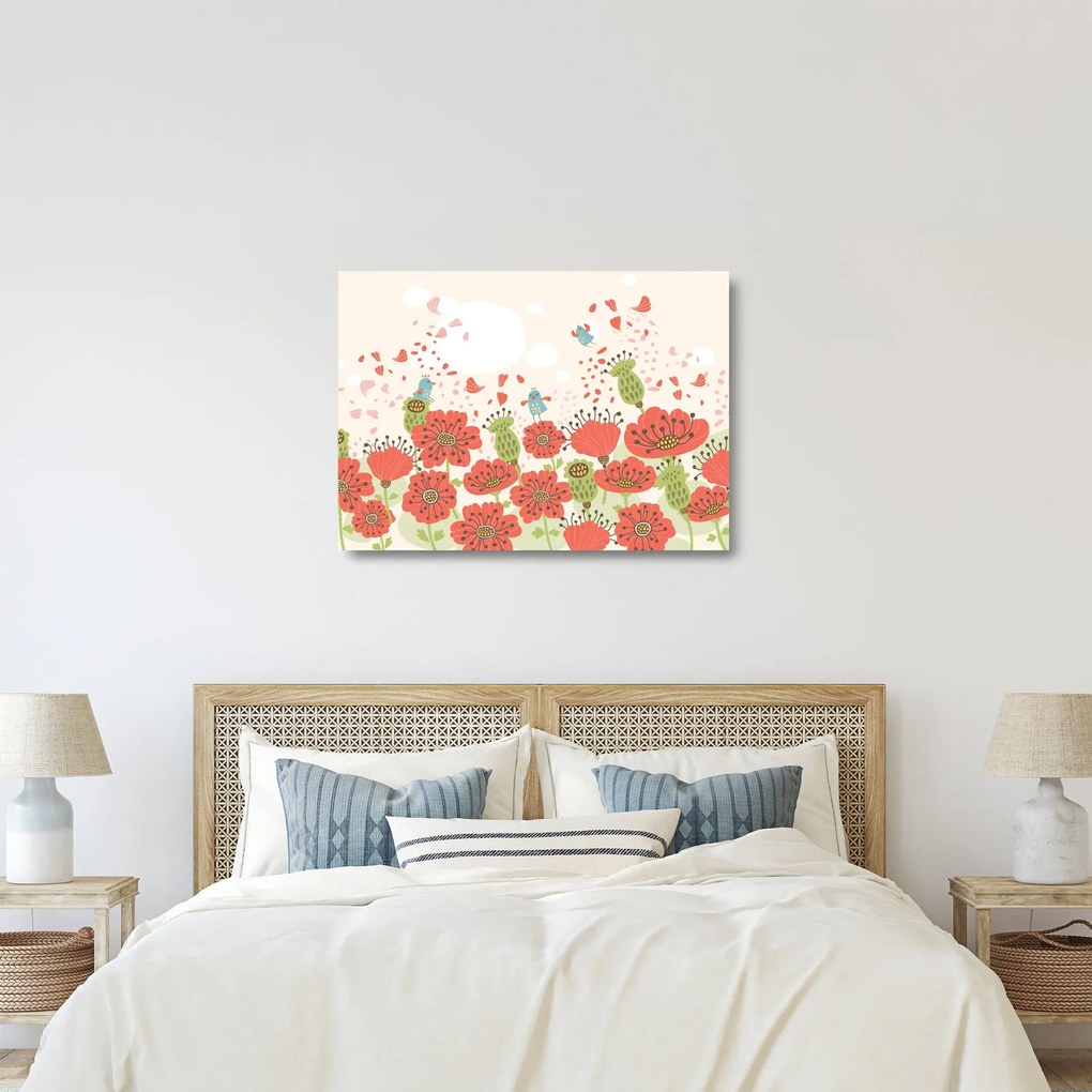 Kép - Madarak egy virágzó réten (üvegen) (70x50 cm)