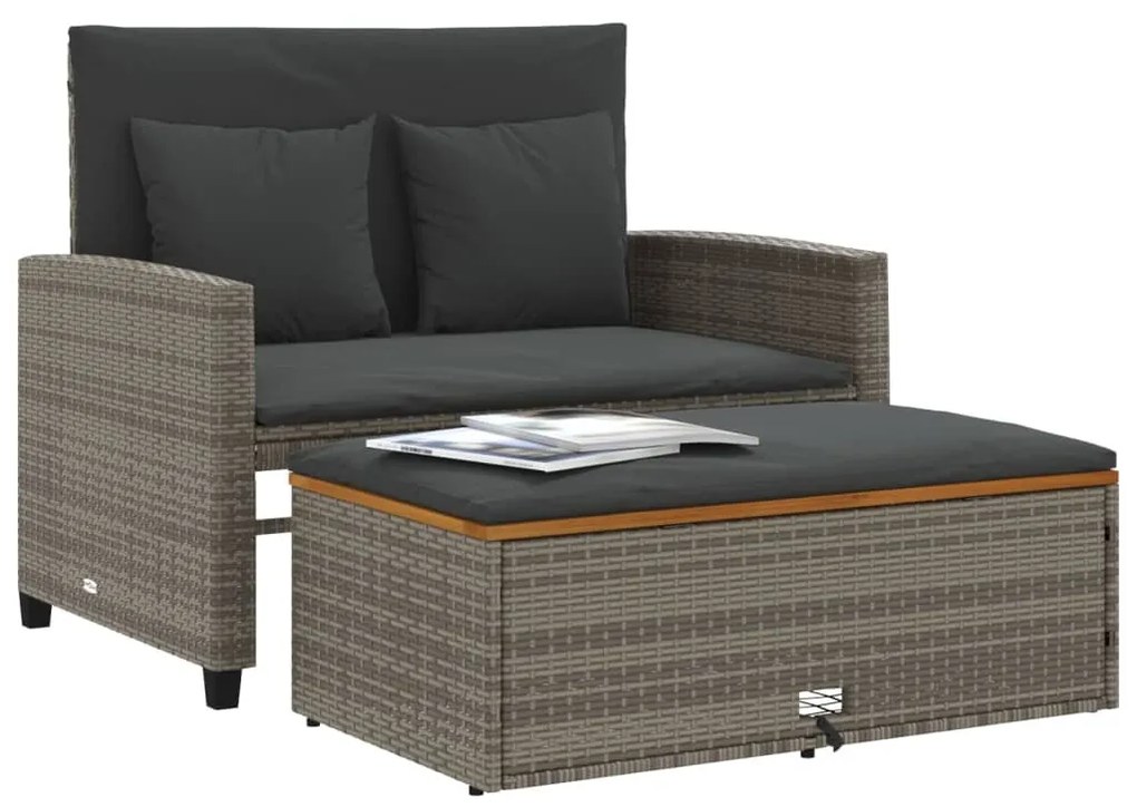 2 személyes szürke polyrattan/akácfa kerti kanapé párnával