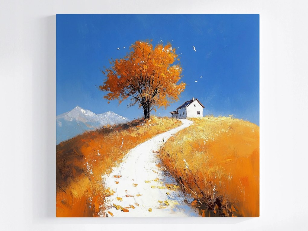 Poszter Tájkép Ősz Mező Út Falu Fa Ház 80x80