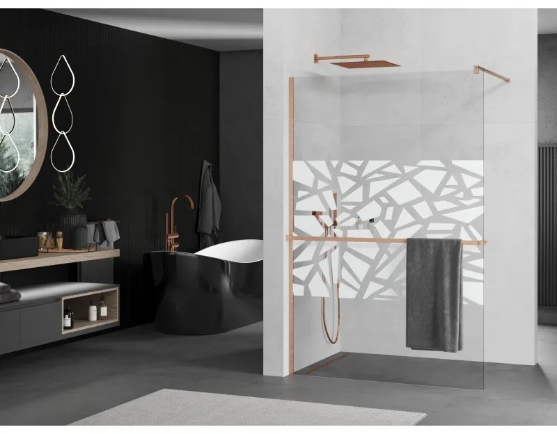 Mexen Kioto+, Walk-In zuhany paraván polccal és akasztóval 130 x 200 cm, 8 mm átlátszó üveg fehér mintás, réz matt profil, 800-130-121-65-85