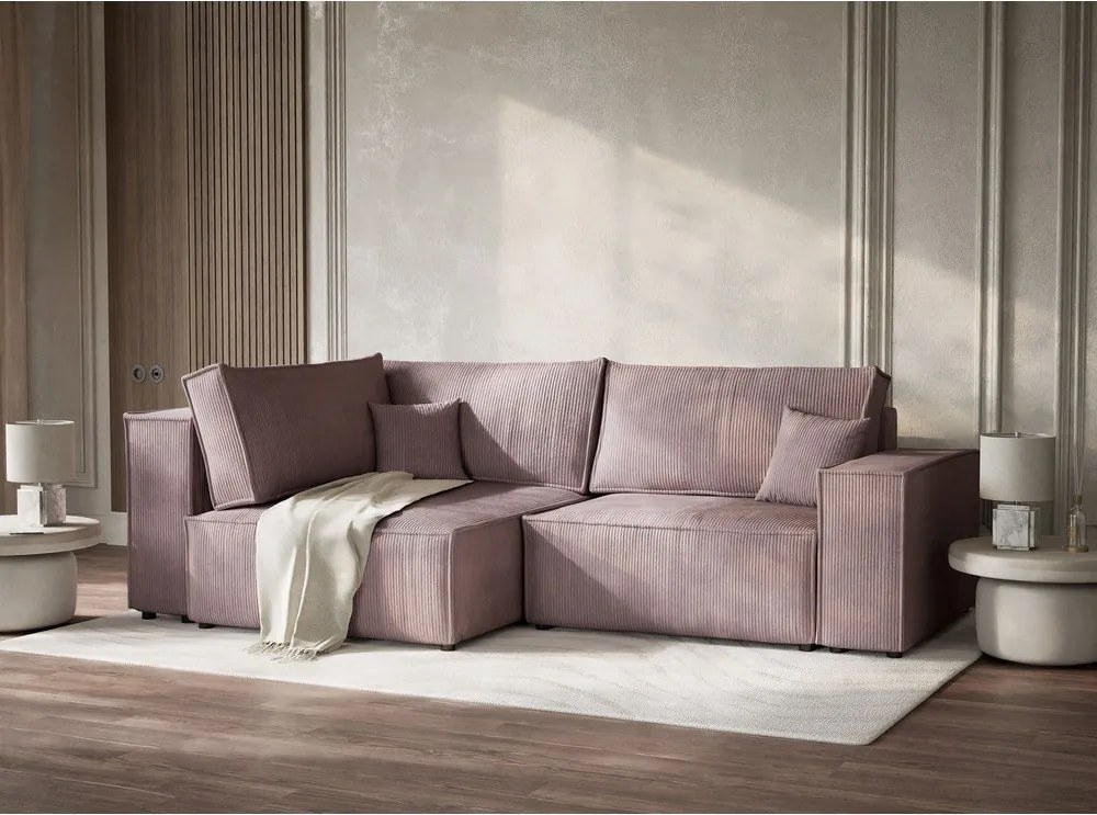 Lila kordbársony kinyitható-tárolóhelyes sarokkanapé (bal oldali-L alakú) Tonga – Maison de Rêve