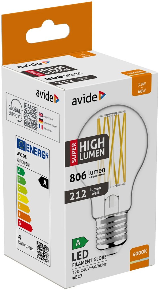 Avide LED Filament Globe 3.8W E27 NW 4000K Super High Lumen