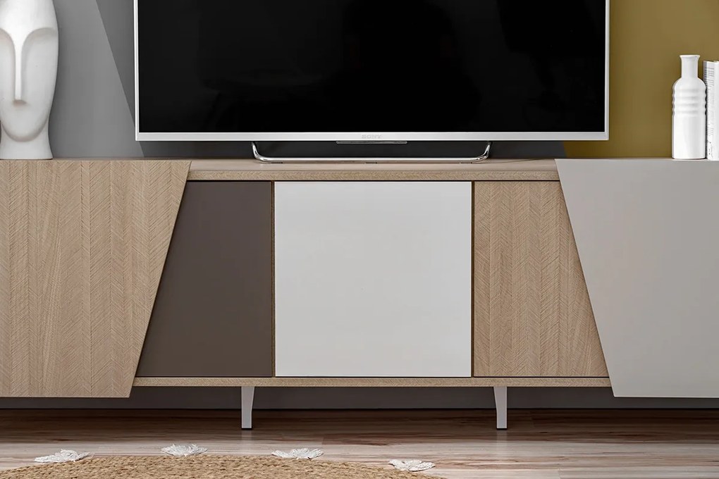 Miraza TV szekrény 180 cm - skandináv halszálka / bézs / fehér / barna