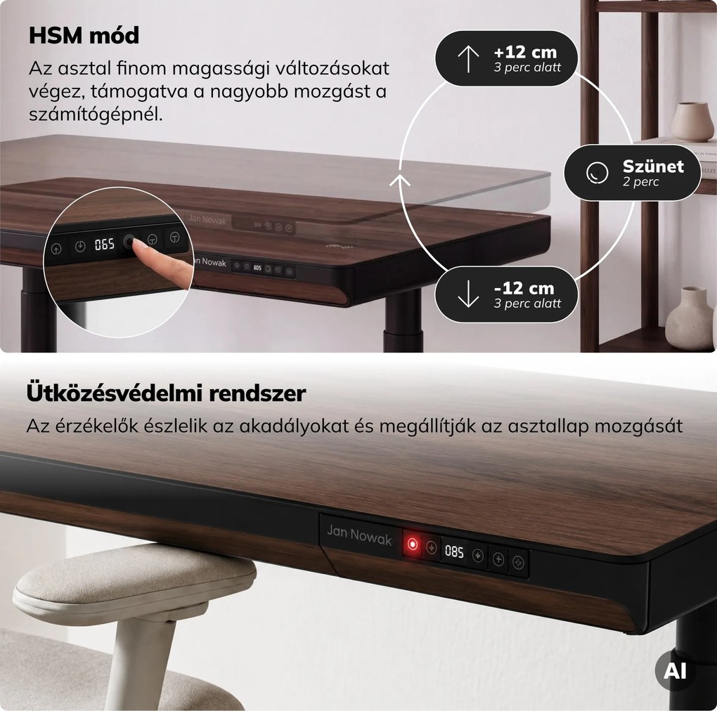 Elektromos ülő-álló íróasztal fiókkal és Qi vezeték nélküli töltővel fekete/dió, 1200 mm: ELLIS