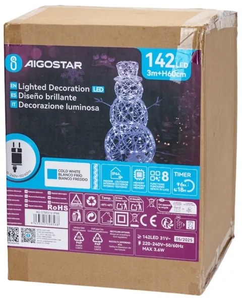 Aigostar-LED Kültéri karácsonyi dekoráció LED/3,6W/31/230V 6500K 60cm IP44 hóember