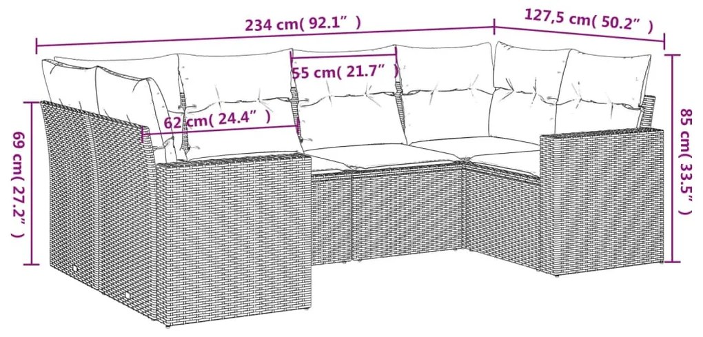 6 részes fekete polyrattan kerti ülőgarnitúra párnákkal