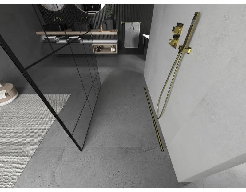 Mexen Kioto, átmenő zuhanyparaván 110 x 200 cm, 8mm átlátszó üveg / fekete mintás, 2x arany stabilizáló távtartó, 800-110-002-50-78