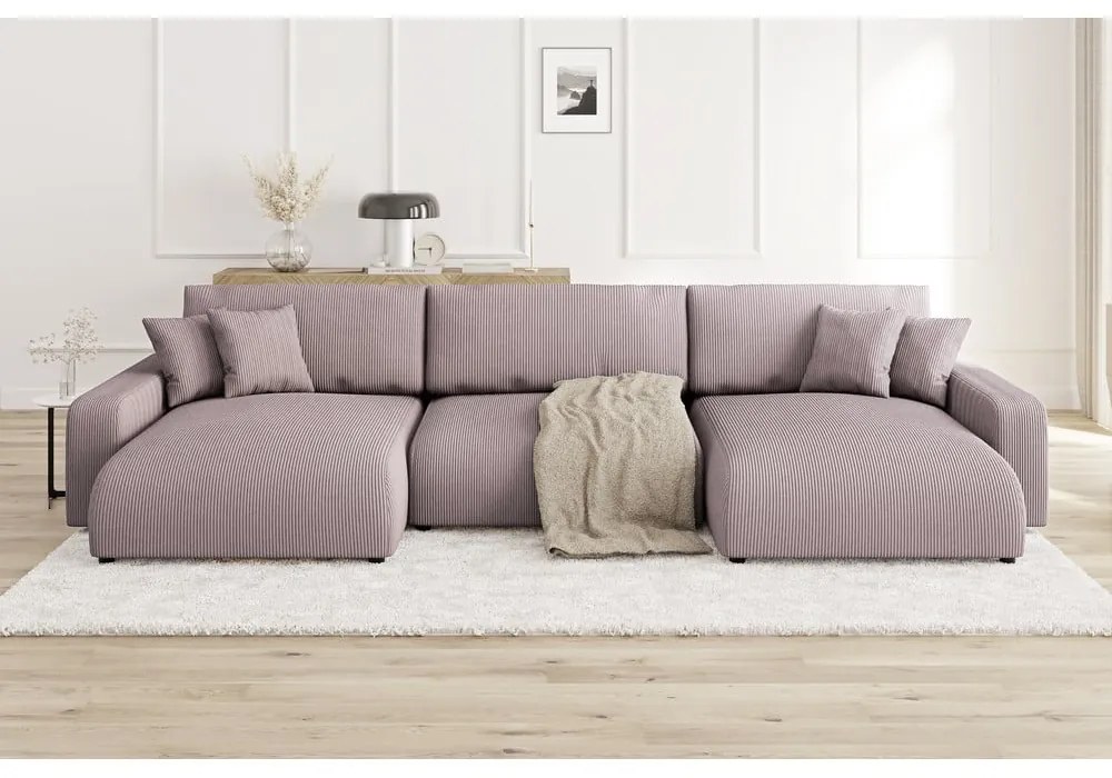 Világos rózsaszín kordbársony kinyitható tárolóhelyes sarokkanapé Sara – Ropez