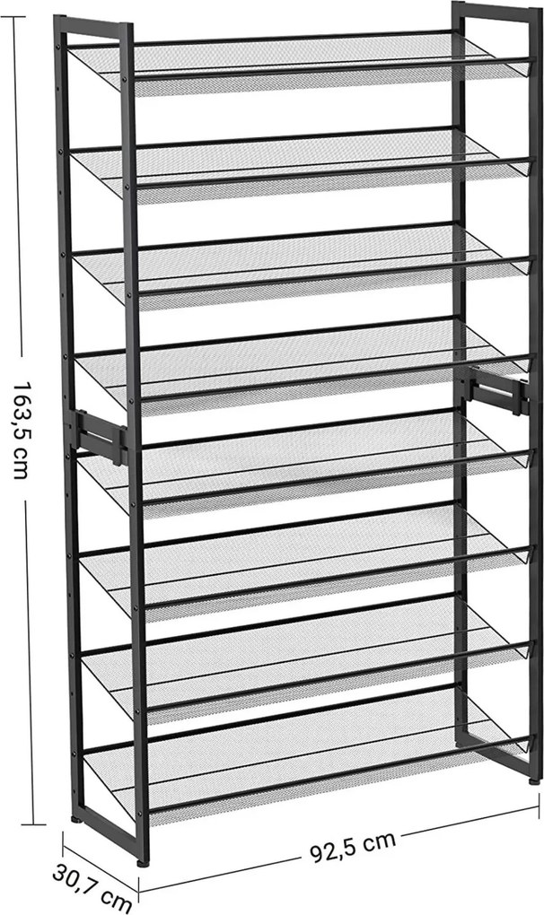 Cipőtartó polc 2x4 szintes fém háló polcokkal, fekete 92x30x163cm